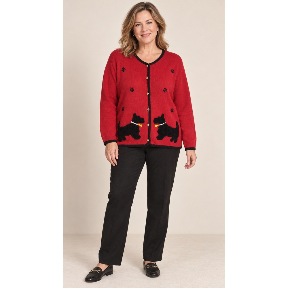 Crystal Kobe Red Scottie Dog Cardigan Sweater Women Large Paw Print Ramie Cotton